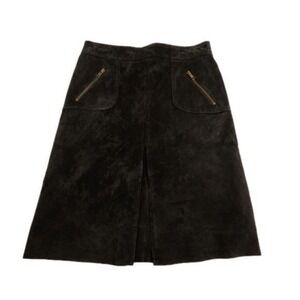 Contxt Vintage Suede A-Line Midi Skirt Black Zip Pockets‎ Front Slit High Waist